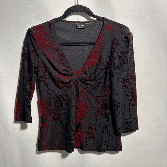 VTG Tribal Black Red Velvet Burnout Top V Neck Twist Front Babydoll Whimsigoth S - Picture 1 of 6